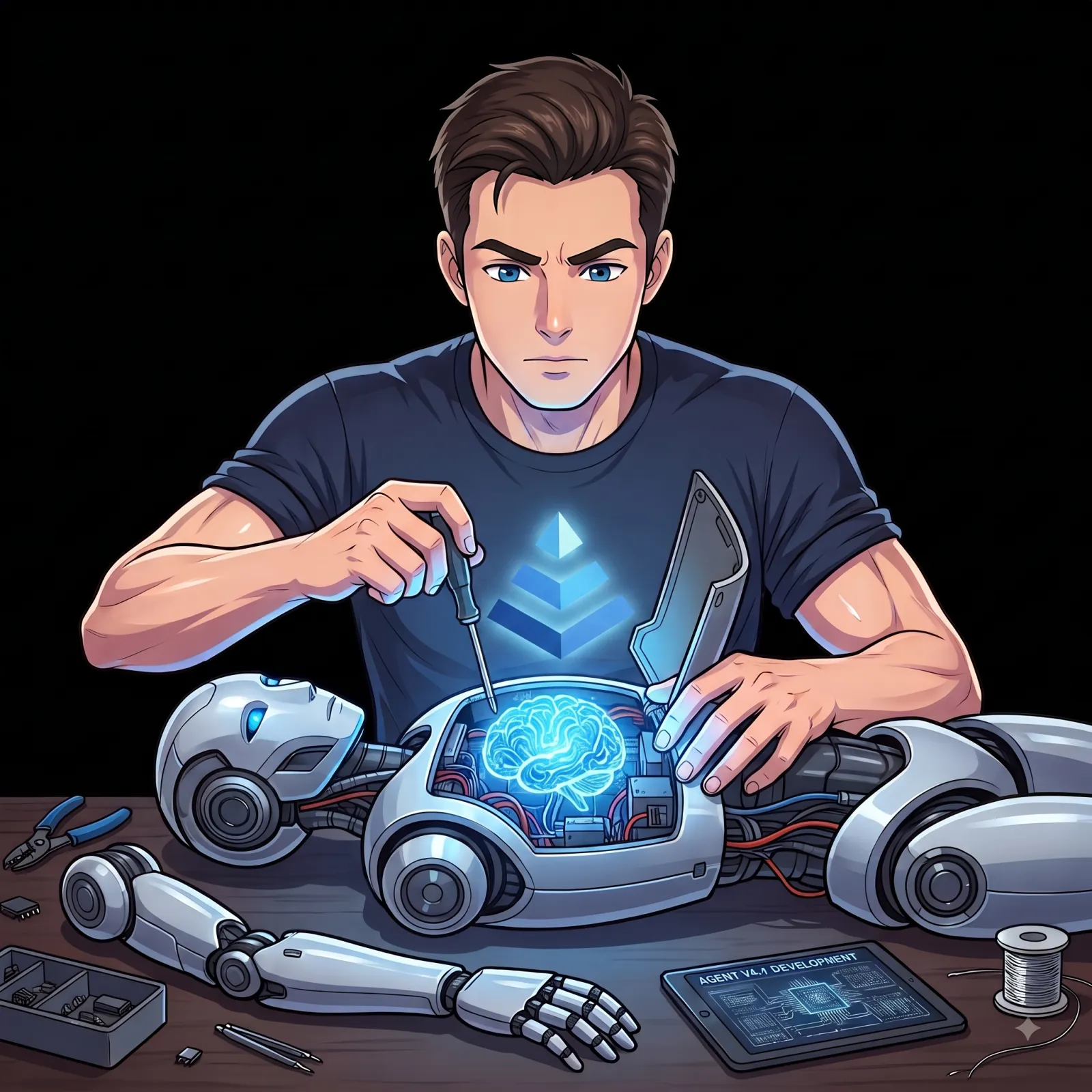 Builder at a workbench assembling a small robot with a glowing blue brain